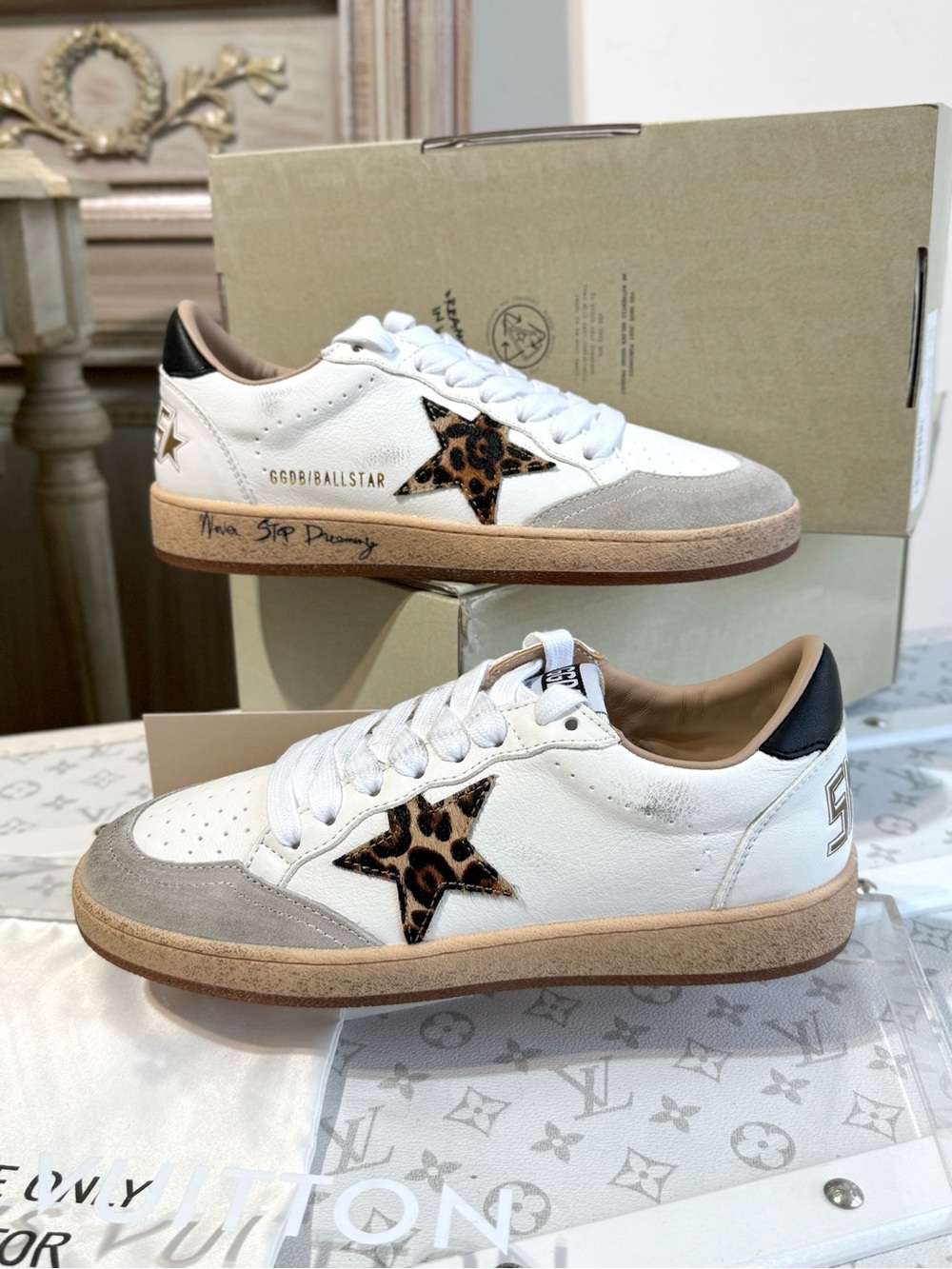 Golden Goose White Sneakers with Leopard Star and Black Heel Tab